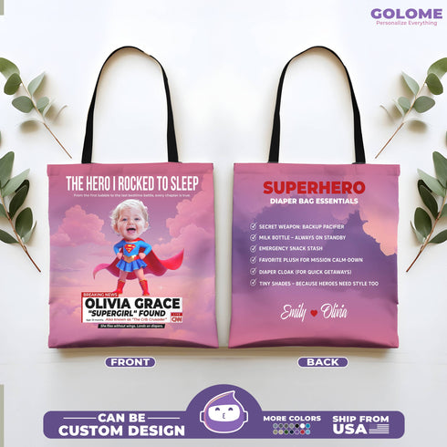 Personalized Supergirl Baby Tote Bag – Funny Superhero Gift for Mom with Custom Photo & Name